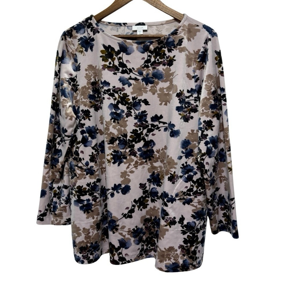 J Jill Pure Jill Tunic Womens L Petite Pale Pink Floral Velour Stretch Top